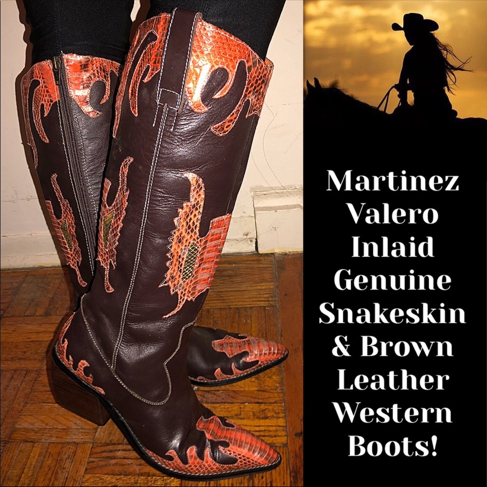 Martinez Valero Snakeskin and Brown Leather Heeled Boots